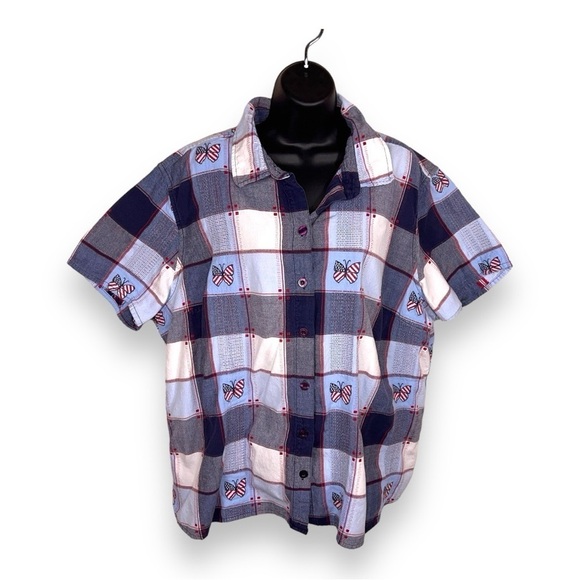 SIZE 26w 28w VINTAGE NORTHCREST RED WHITE BLUE BUTTON FRONT SHORT SLEEVE - Picture 1 of 11